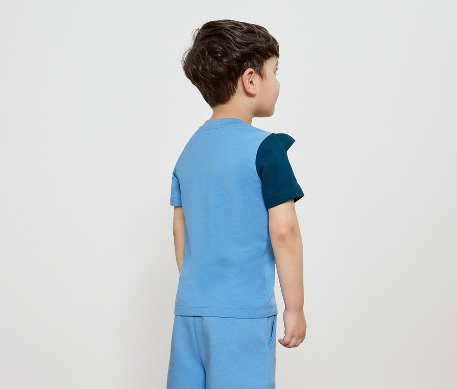 Rückansicht eines Jungen mit braunen Haaren, der ein blaues T-Shirt und Shorts trägt, mit einem marineblauen Ärmel auf der linken Seite.