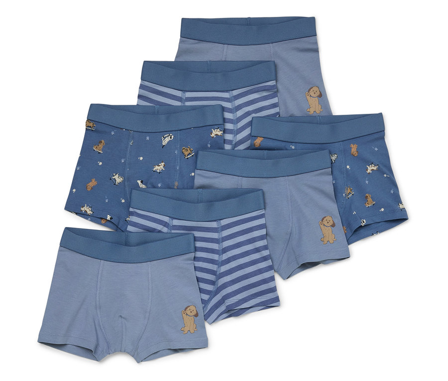 Sechs Kinder-Boxershorts in verschiedenen Blautönen liegen fächerförmig auf weißem Hintergrund. Drei Shorts sind hellblau mit Querstreifen, zwei sind einfarbig hellblau mit je einer braunen Hunde-Illustration vorne und eine ist dunkelblau mit einem Muster aus kleinen braunen Hunden und Pfotenabdrücken. Alle haben einen dunkelblauen Bund.