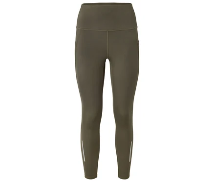 Olivefarbene Leggings mit hoher Taille und reflektierenden Streifen an den Unterschenkeln.
