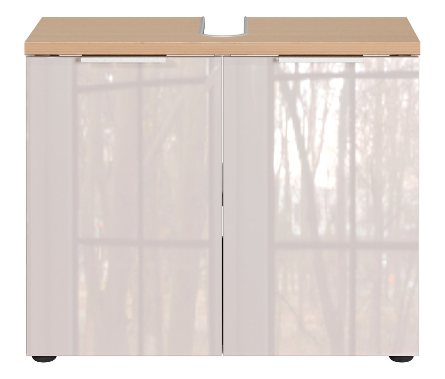 Waschbeckenunterschrank mit zwei glänzenden weißen Türen und einer hellbraunen Arbeitsplatte.