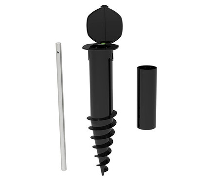 Schwarzer Erdanker mit offener Klappe, silberner Stange und schwarzer Hülse auf weißem Grund.