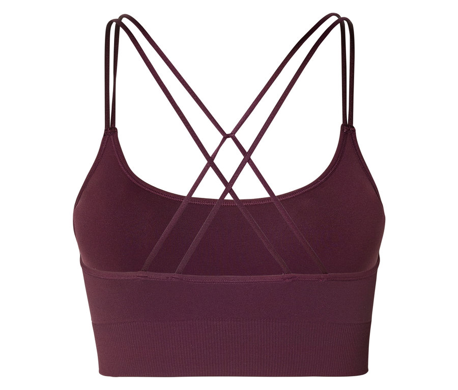 Dunkelrotes Sport-Bustier mit schmalen, überkreuzten Trägern von hinten.