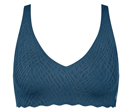 Dunkelblauer Bralette mit V-Ausschnitt, breiten Trägern und einem dezenten geometrischen Muster. Der untere Rand ist gewellt.