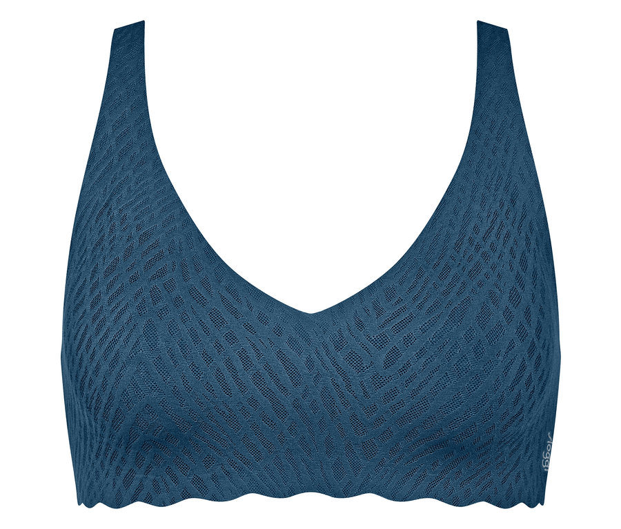Dunkelblauer Bralette mit V-Ausschnitt, breiten Trägern und einem dezenten geometrischen Muster. Der untere Rand ist gewellt.