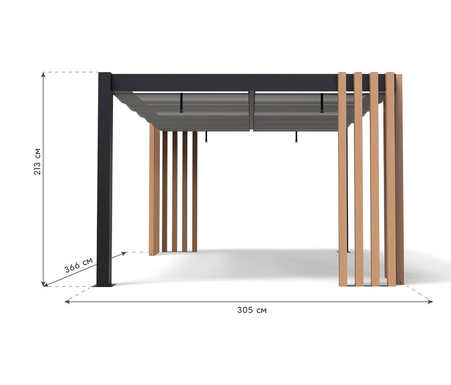 Eine Abbildung einer Pergola mit den Maßen 213 cm Höhe, 366 cm Tiefe und 305 cm Breite.