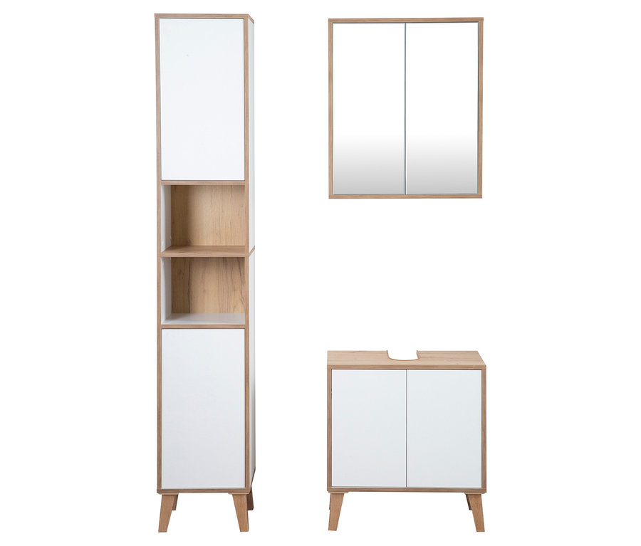 Roba Spiegelschrank »Morena« mit 2 Türen und Spiegel, weiß mit Artisan-Eiche, an der Wand montiert.