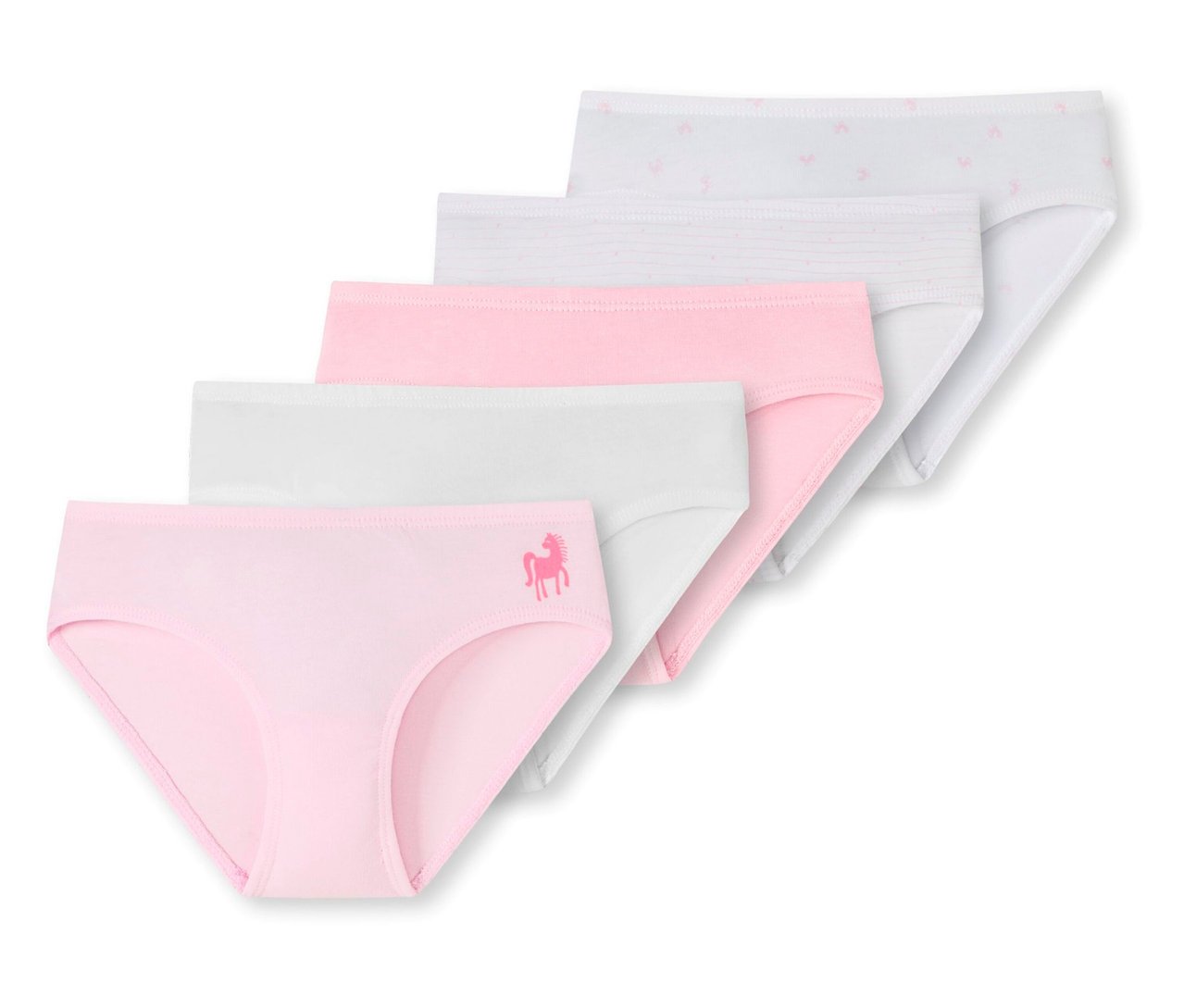 Fünf SCHIESSER Kinder-Slips in Rosa und Weiß, teils mit Streifen oder Muster, der vorderste rosa Slip mit Pferdelogo.