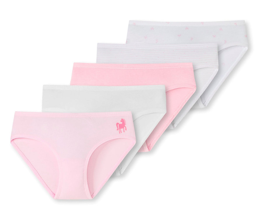 Fünf SCHIESSER Kinder-Slips in Rosa und Weiß, teils mit Streifen oder Muster, der vorderste rosa Slip mit Pferdelogo.