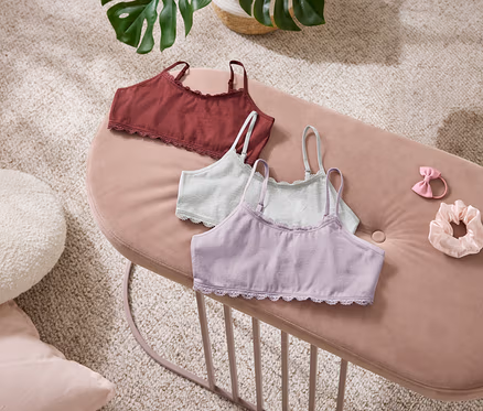 Drei Bralettes in Dunkelrot, Hellgrün und Helllila mit Spitzenbesatz liegen auf einer rosa Samtbank. Daneben sind ein rosa Haargummi mit Schleife und ein hellrosa Scrunchie platziert. Im Hintergrund sind ein weißes Kissen und eine Pflanze zu sehen.