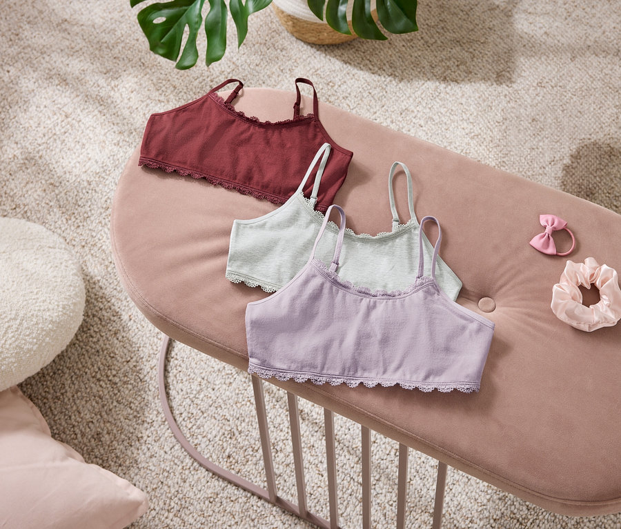 Drei Bralettes in Dunkelrot, Hellgrün und Helllila mit Spitzenbesatz liegen auf einer rosa Samtbank. Daneben sind ein rosa Haargummi mit Schleife und ein hellrosa Scrunchie platziert. Im Hintergrund sind ein weißes Kissen und eine Pflanze zu sehen.