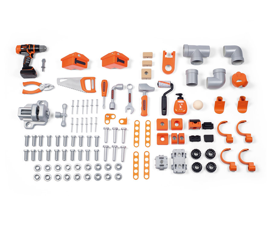 Spielzeugwerkbank Mega Center von Smoby »Black + Decker« mit Werkzeugen wie Hammer, Schraubenzieher und Schrauben.
