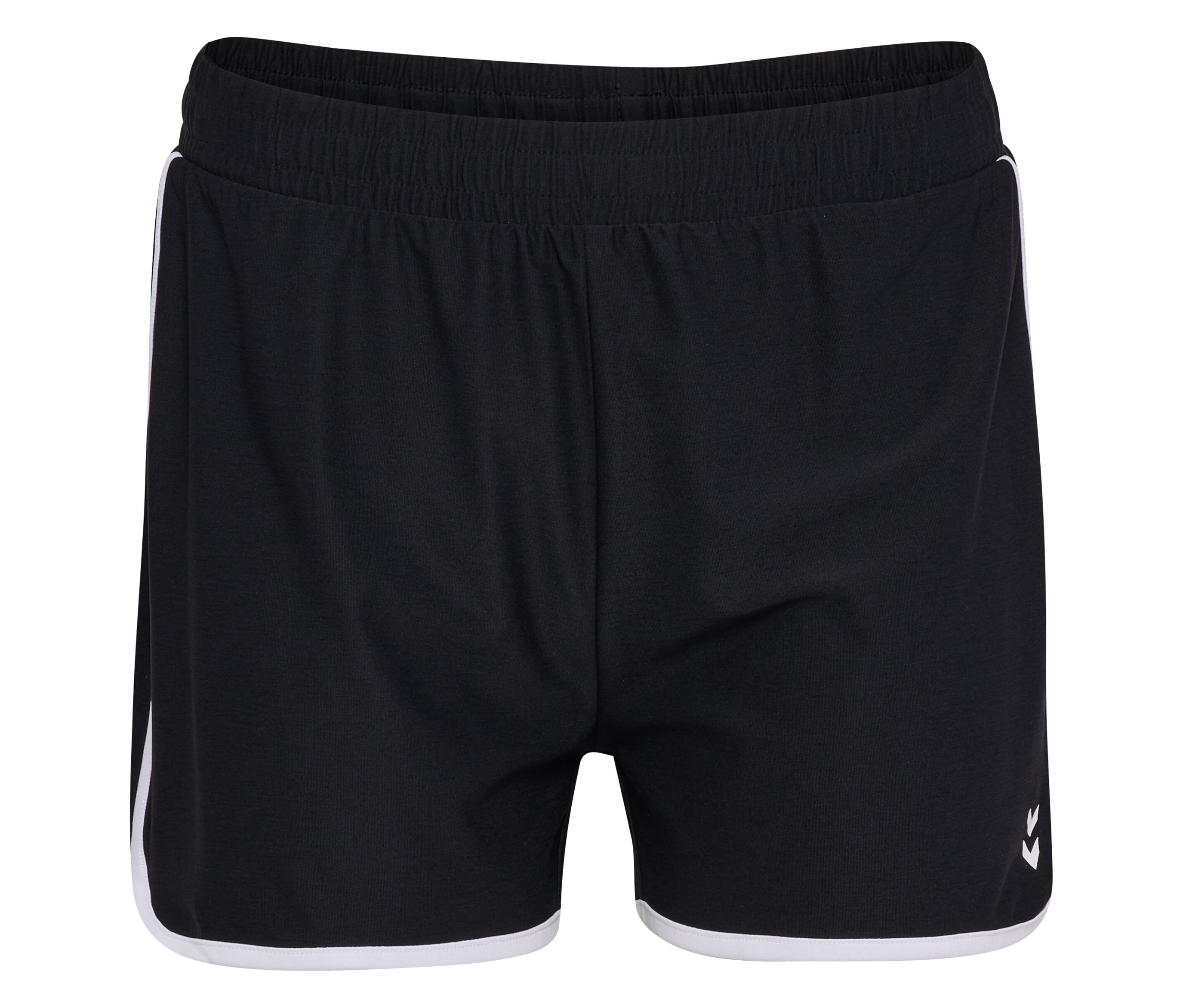 Schwarze HUMMEL Damen-Shorts mit Gummibund und weißen Streifen an den Seiten und am Saum.