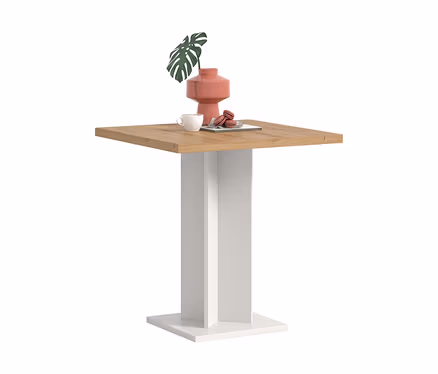 Kleiner quadratischer xonox Esstisch »Victor« mit heller Holzplatte und weißem Säulenfuß, darauf eine rosa Vase mit Monstera-Blatt, eine weiße Tasse und Macarons.