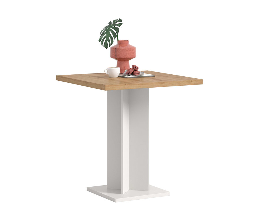 Kleiner quadratischer xonox Esstisch »Victor« mit heller Holzplatte und weißem Säulenfuß, darauf eine rosa Vase mit Monstera-Blatt, eine weiße Tasse und Macarons.