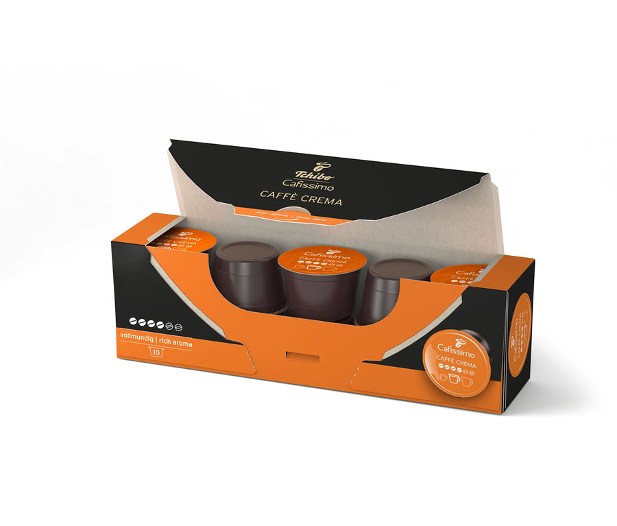 Geöffnete Packung Cafissimo Caffè Crema vollmundig - 10 Kapseln und eine Packung Cafissimo Caffè Crema vollmundig - 80 Kapseln sind sichtbar.