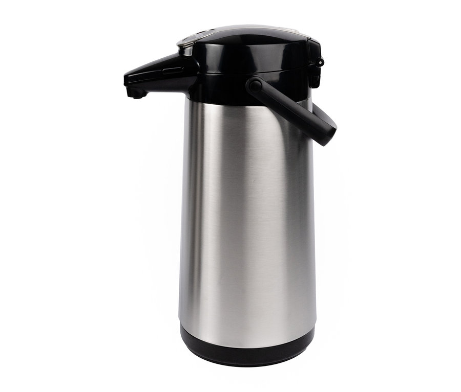 Eine silberne Pumpthermoskanne »Bonamat«, 2,2 l mit schwarzer Pumpe.