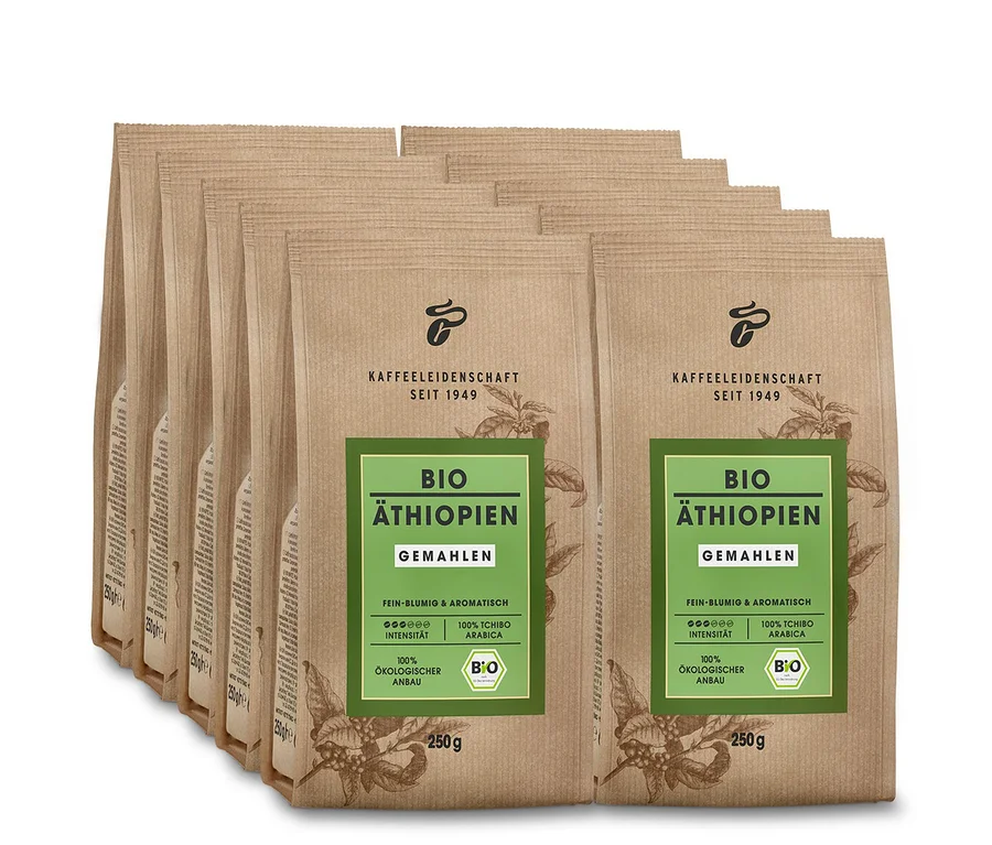 Mehrere Packungen Bio Äthiopien - 10x 250 g Gemahlen Kaffee.