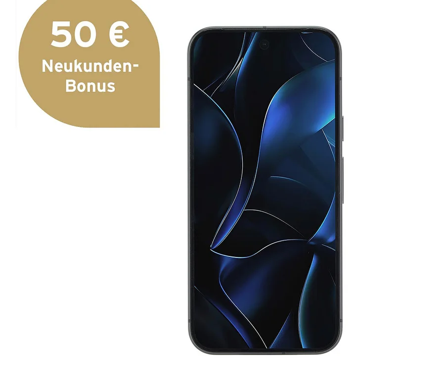 Schwarzes Smartphone mit abstraktem, blauem Design auf dem Bildschirm. Auf der linken Seite befindet sich ein goldener Aufkleber mit der Aufschrift "50 € Neukunden-Bonus".