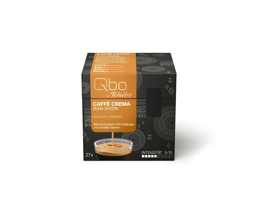 Dunkelgraue und orangefarbene Qbo by Tchibo Caffè Crema Buna Enteta Kaffeekapselpackung mit 27 Kapseln, Intensität 5/10, Äthiopien/Brasilien, mild-aromatisch mit dunklen Beeren.