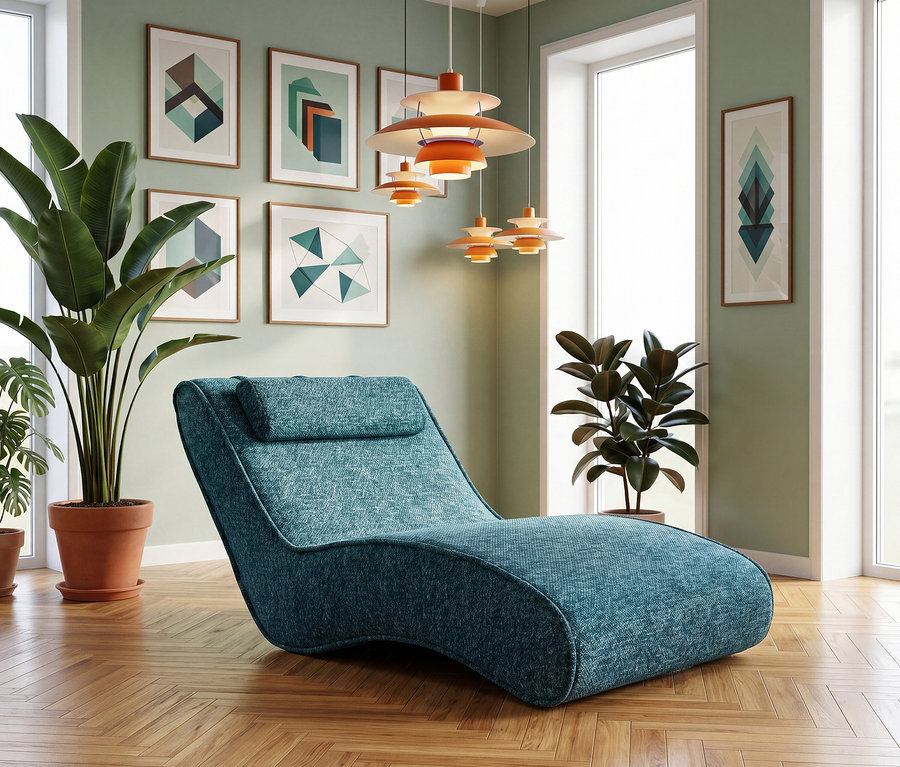 Ein modernes Wohnzimmer mit hellgrünen Wänden und Parkettboden zeigt eine türkise Chaiselongue. Geometrische Kunstdrucke schmücken die linke Wand, während orange-weiße Pendelleuchten von der Decke hängen. Große Topfpflanzen stehen beidseitig der Liege, nahe hoher Fenster.