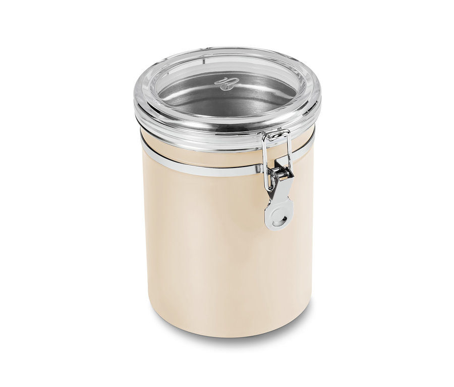 Aromadose, Friendly beige mit transparentem Deckel und silberfarbenem Verschluss.
