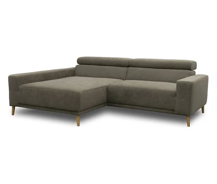 Graues DOMO Ecksofa »Malmö« mit Longchair links, Kopfteilverstellung und Holzfüßen.
