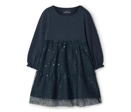 Dunkelblaues Kinder-Jerseykleid mit langen Ärmeln und einem gestuften Tüllrock, der mit glänzenden Sternen verziert ist.