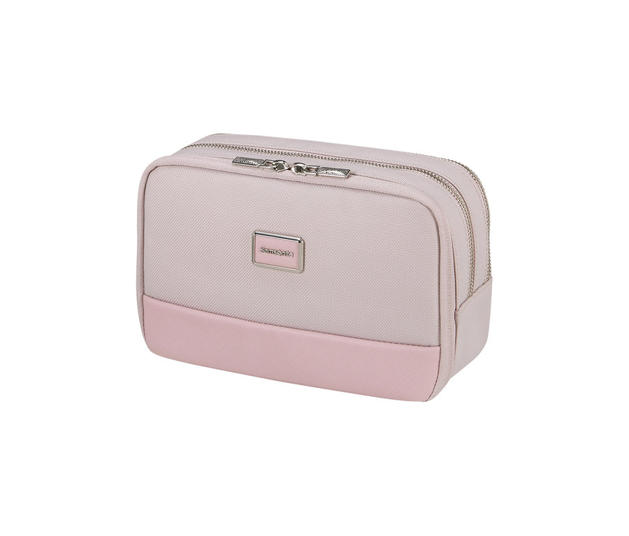 Rosafarbene Samsonite IMAGE Toilet Kit Pouch mit zwei Reißverschlüssen und silbernem Samsonite-Logo auf der Vorderseite.
