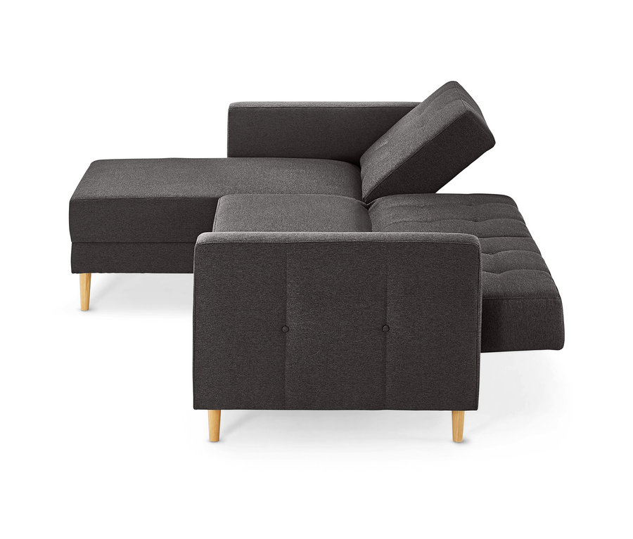Dunkelgraues Federkern-Eckschlafsofa »Just Relax« mit Stauraumbank, teilweise als Schlafsofa ausgeklappt, auf hellen Holzfüßen.
