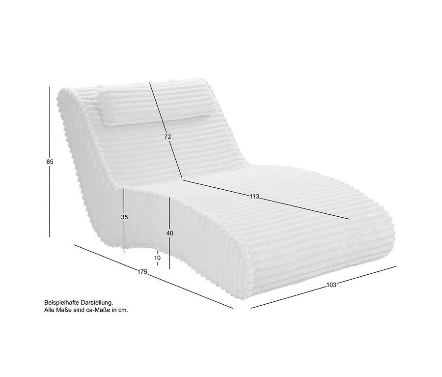 Weiße gerippte Récamiere mit geschwungener Form, dargestellt mit ca. Maßen: 175 cm lang, 85 cm hoch und 103 cm breit.