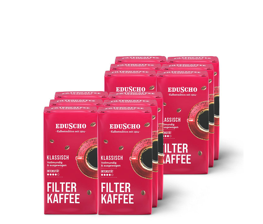 Eine Packung Eduscho Filterkaffee Klassisch gemahlener Kaffee in einer roten Verpackung. Auf der Verpackung ist ein Bild einer Kaffeetasse.