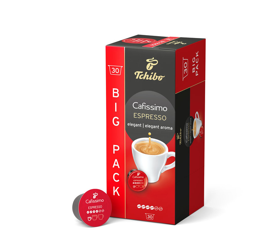 Rote und schwarze Big Pack Packung Cafissimo Espresso elegant mit 30 Kapseln, daneben eine einzelne rote Kapsel.