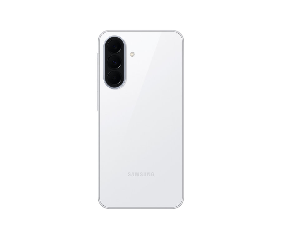 Rückseite eines weißen Samsung Galaxy A37 5G Smartphones in Awesome White mit vertikaler Dreifachkamera.