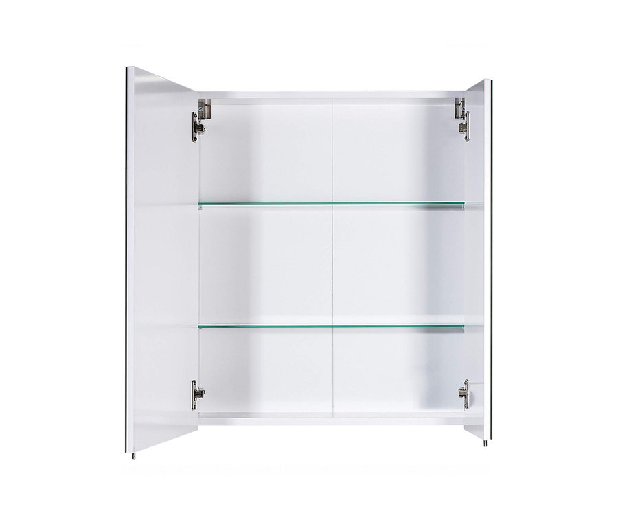 Weißer Spiegelschrank »Basic«, 60 cm, mit geöffneten Türen und zwei Glasablagen im Inneren.
