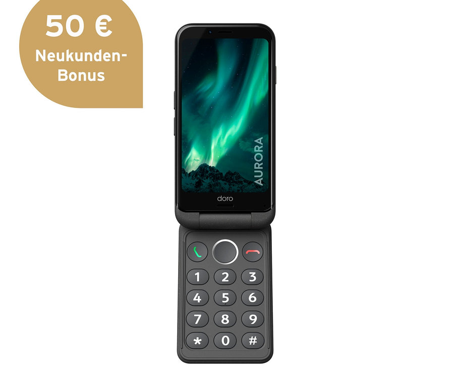 Das geöffnete Doro Aurora A20 64 GB Graphit Klapphandy zeigt auf dem oberen Bildschirm eine Aurora Borealis. Die Tastatur ist sichtbar.