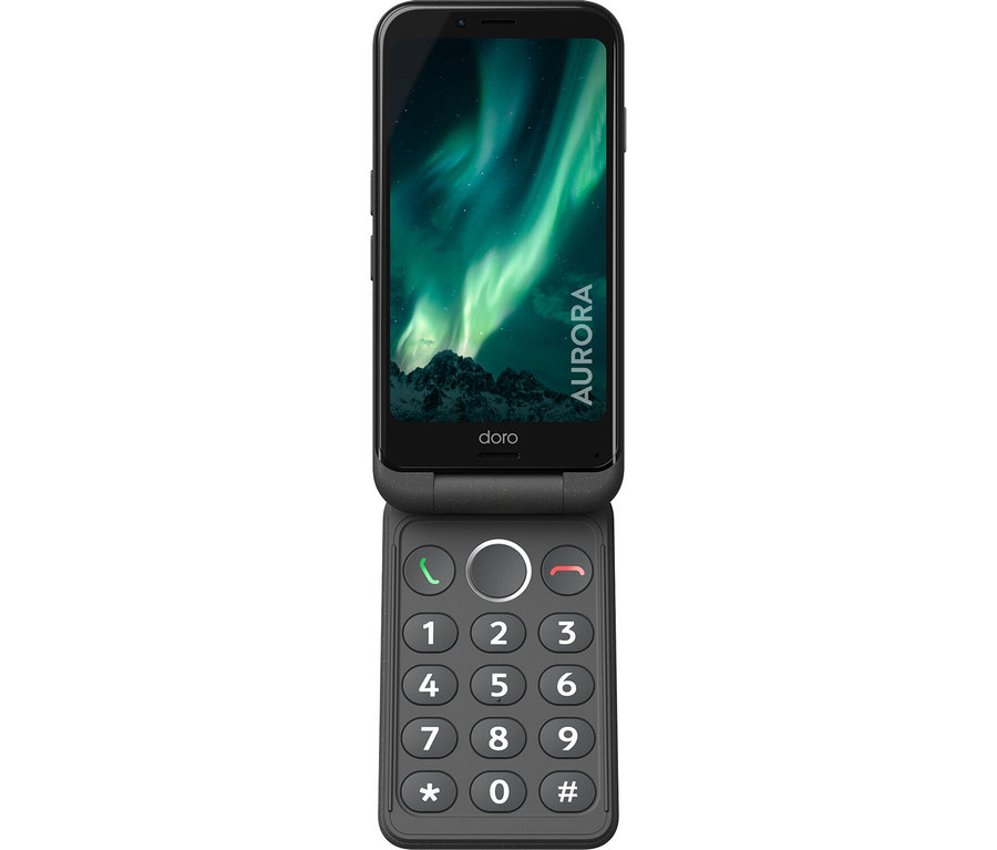 Ein graues Doro Aurora A20 64 GB Klapphandy mit Tastenfeld und einem Bildschirm, der ein Polarlicht zeigt.