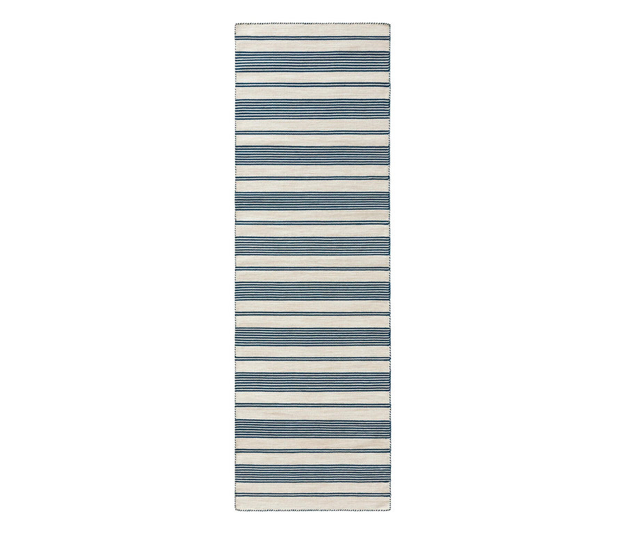 benuta Indoor-und-Outdoor-Läufer Rida, ca. 80 x 250 cm, mit beigen und dunkelblauen Querstreifen.