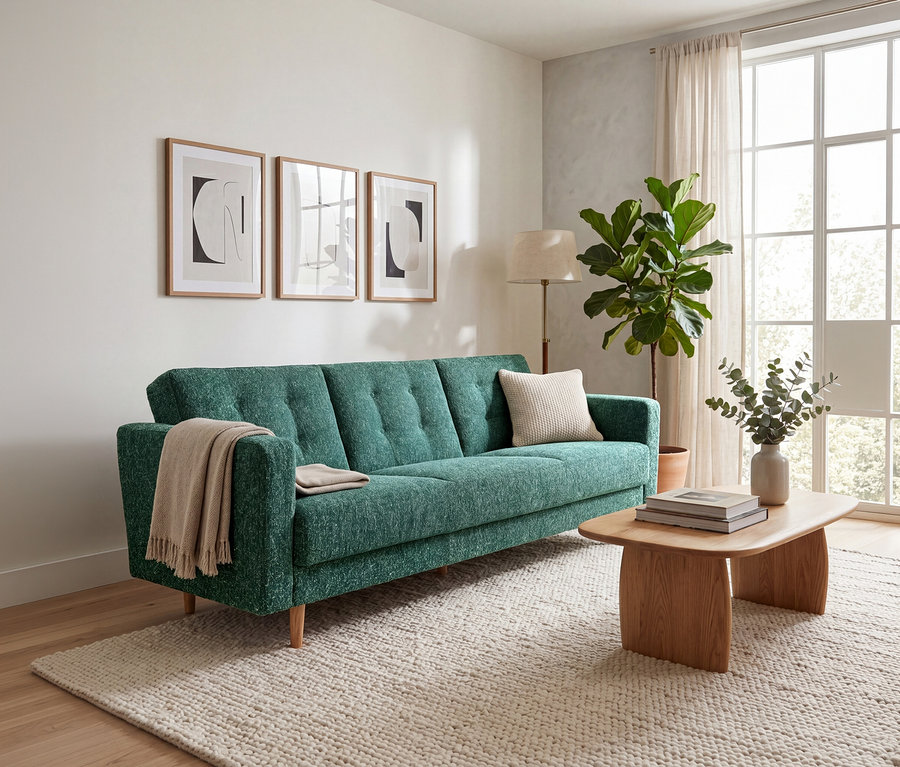 Ein modernes Wohnzimmer mit einem grünen 3-Sitzer Schlafsofa «Janny» mit beigem Überwurf, einem Holztisch und einem großen Fenster. Drei gerahmte abstrakte Kunstwerke hängen über dem Sofa.