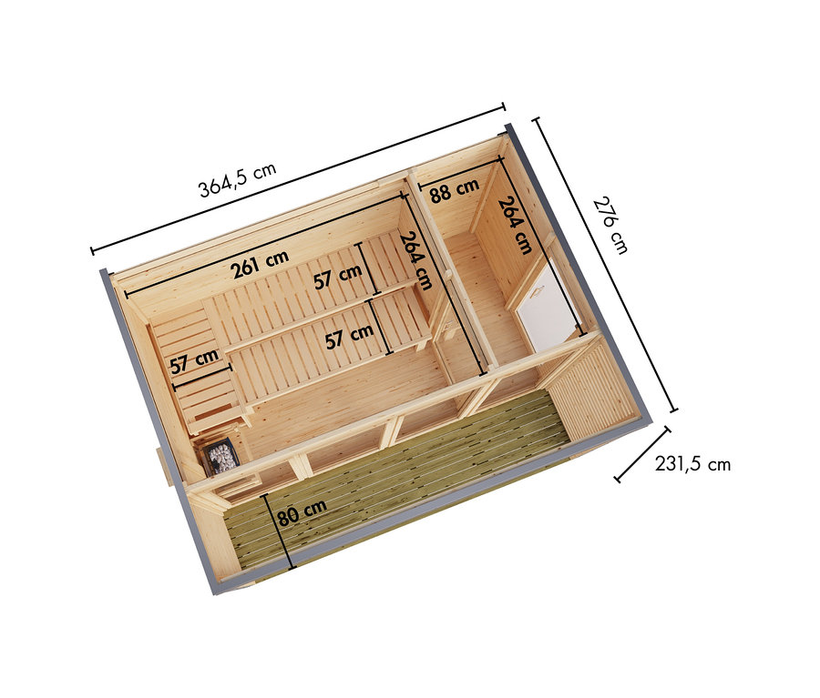 Draufsicht auf den Grundriss eines Karibu Saunahauses Alice 4 aus Holz, mit Saunaraum, zwei Bänken, angrenzendem Umkleideraum und einer Terrasse. Maße wie 364,5 cm Länge und 276 cm Breite sind angegeben.
