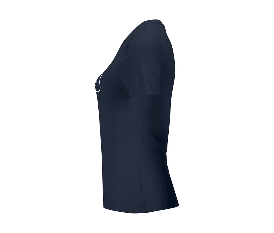 Dunkelblaues FILA Damen T-Shirt mit kurzen Ärmeln, Rundhalsausschnitt und einem teilweise sichtbaren weißen Logo, in Seitenansicht.
