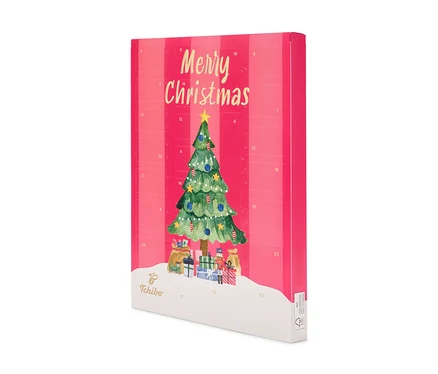 Rosa RA FL/OD Tchibo Adventskalender mit einem Weihnachtsbaum, Geschenken, „Merry Christmas“ und Zahlen 1-24.