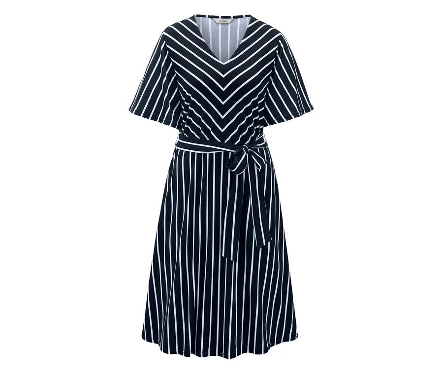 Gestreiftes Midi-Kleid mit Bindeband in Schwarz und Weiss.