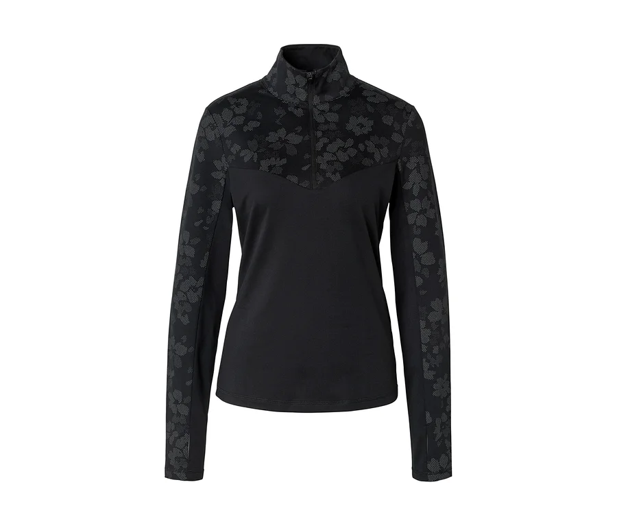 Schwarzes, langärmliges Shirt mit Reißverschluss und Blumenmuster an Ärmeln und oberer Vorderseite.