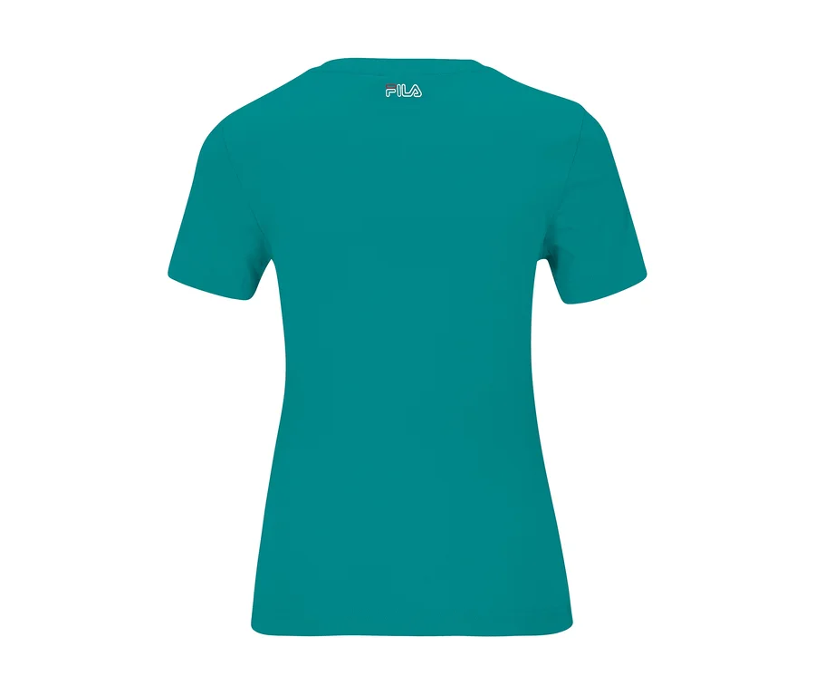 Türkises FILA Damen T-Shirt mit kurzen Ärmeln, Rückansicht, mit FILA Logo am oberen Rücken.