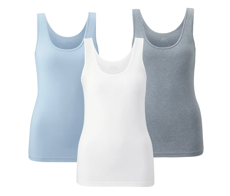 Drei Tops: hellblau, weiß und grau.