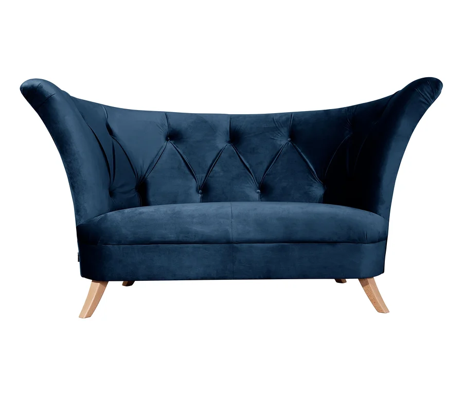 Blaues Max-Winzer®-2-Sitzer-Sofa »Donny« mit Knöpfen und Holzbeinen.