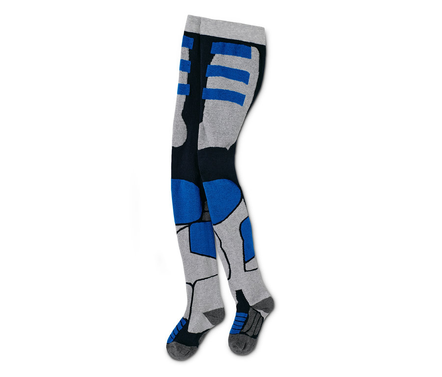 Graue Skistrumpfhose mit blauen und schwarzen Details.