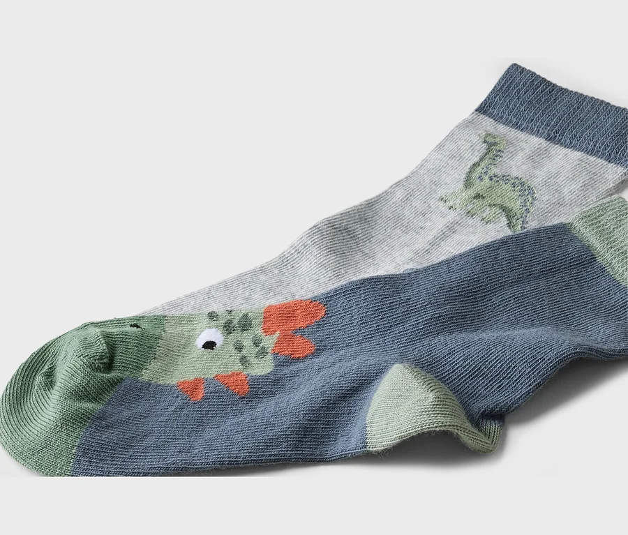 Nahaufnahme von zwei Socken. Eine graue Socke mit einem grünen Dinosaurier und eine blaue Socke mit einem grünen Krokodil.