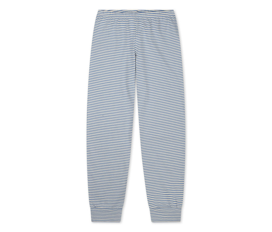 Gestreifte SCHIESSER Kinder-Pyjamahose in Blau und Weiß mit elastischem Bund und Bündchen.