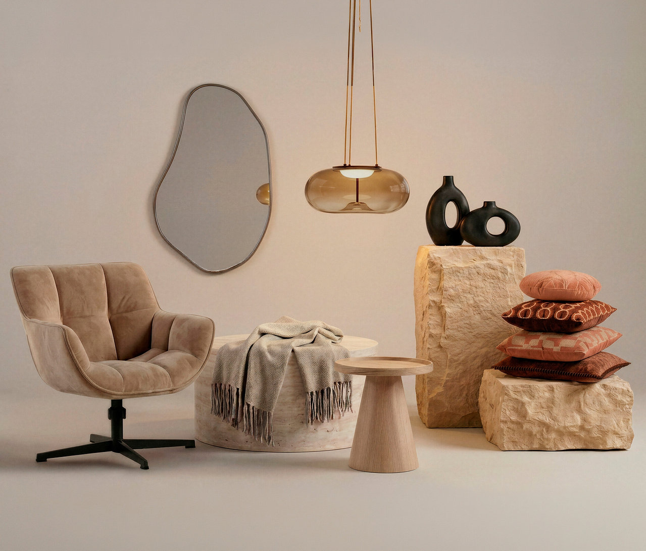 Beiger Sessel, runder Steintisch mit Decke, WOOOD Spiegel »Romee«, Holztisch, Pendelleuchte, zwei Vasen und Kissen auf Steinblöcken.